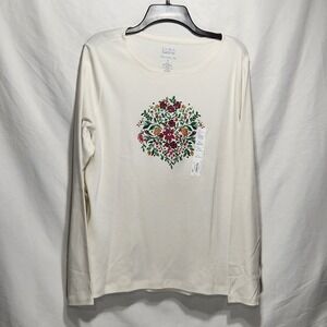 Croft & Barrow Womens Holiday Size XL Long Sleeve T-shirt‎ White Floral Embossed